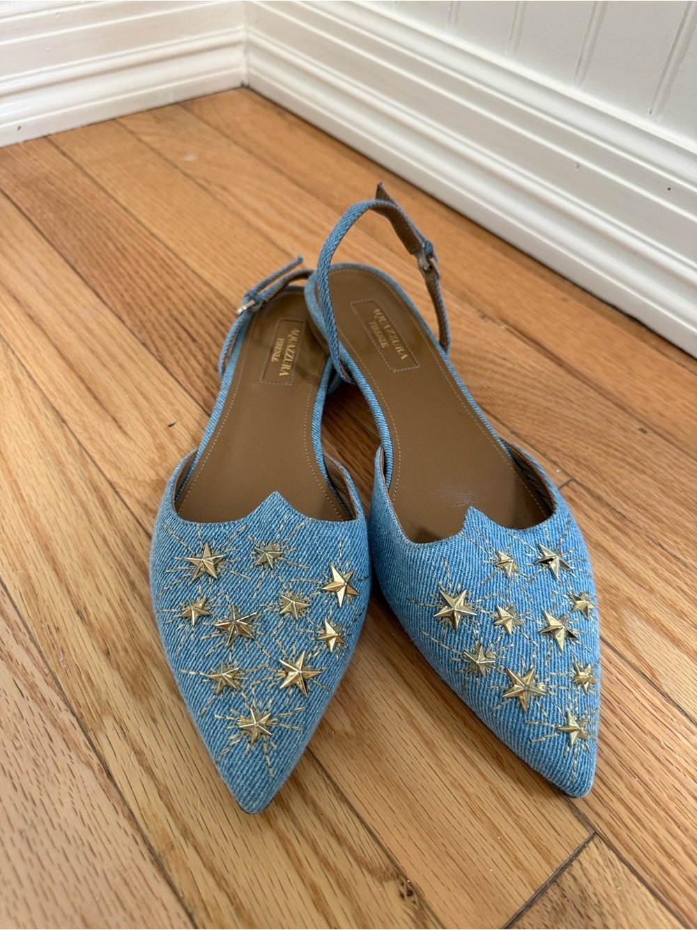 Aquazzura Light Blue Denim Pointed Slingback Flats with Gold Star Studs
